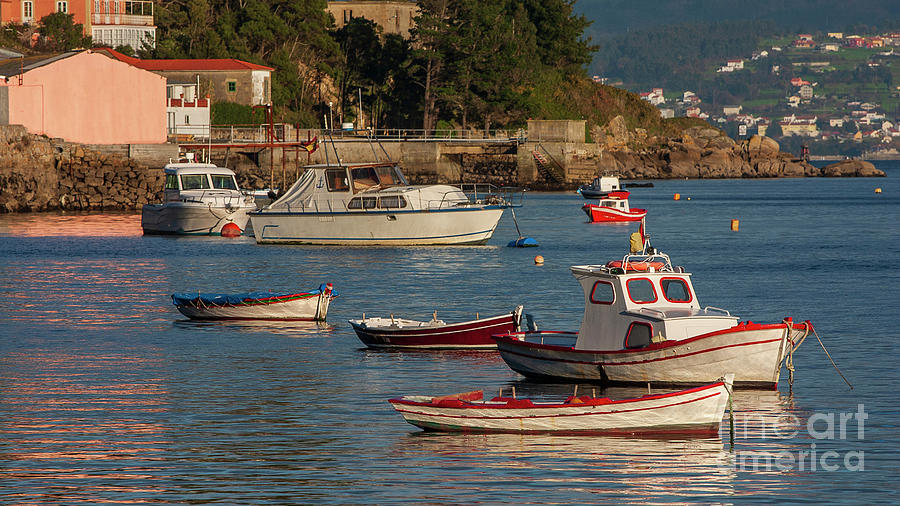 Small Fishing Boats Anchored in Ferrols Estuary in San Felipe Blue Water Sunny Day Galicia Photograph by Pablo Avanzini
