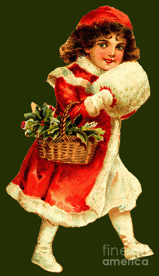 Small Girl With Basket Of  Holly In Red And White Coat Painting