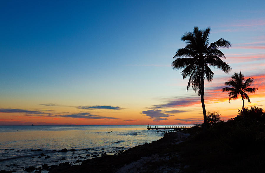 Small Pier And Palm Trees Silhouettes At Sunset Photograph by Thepalmer