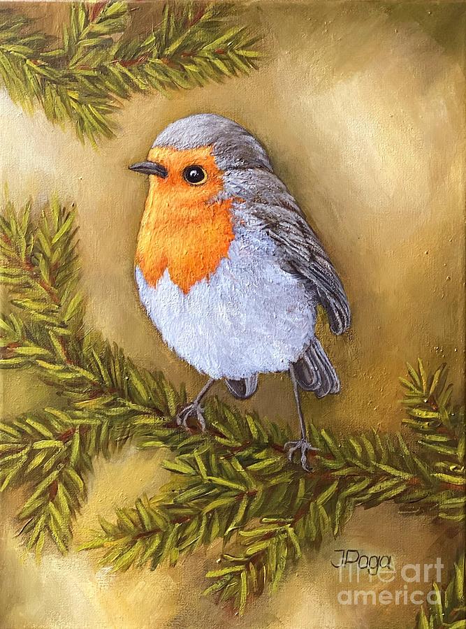 Small robin on spruce branch Painting by Inese Poga