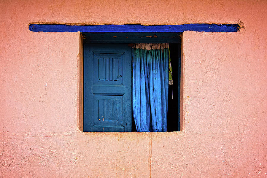 Small window with blue drapery, Guatemala Photograph by Tatiana Travelways