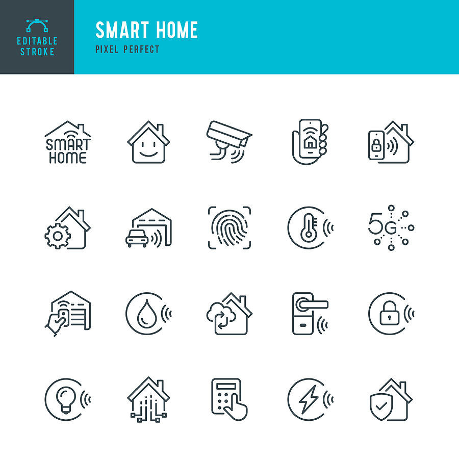 SMART HOME - thin line vector icon set. Pixel perfect. Editable stroke. The set contains icons: Smart Home, Ecosystem, Remote Control, Wireless Technology, Security System, Internet of Things. Drawing by Fonikum
