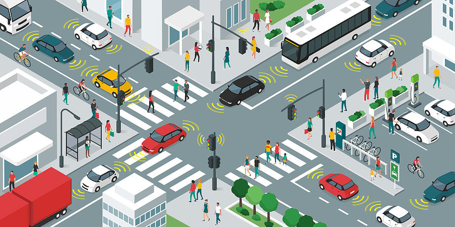 Smart transportation and vehicles moving in the city streets Drawing by Elenabs