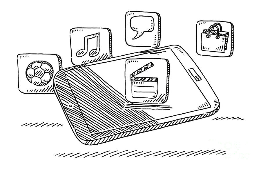 Black And White Drawing - Smartphone App Icons Movie Music Shopping Sport Message Drawing by Frank Ramspott