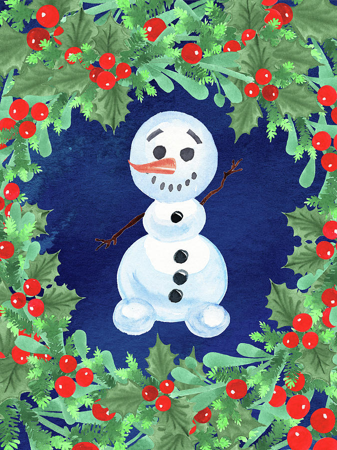 Smile From Snowman Through The Holly Watercolor  Painting by Irina Sztukowski