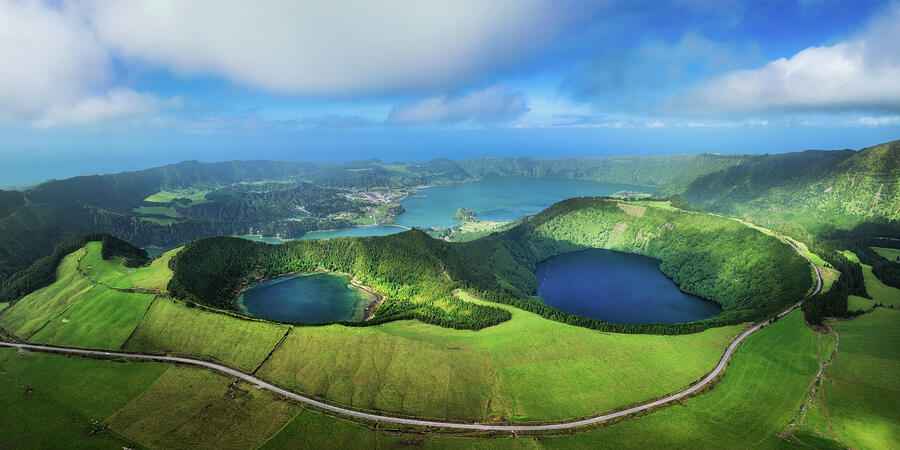 Smiley Landscape - Sao Miguel Island - Aerial 2x1 Panorama Photograph by Alex Mironyuk