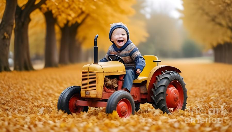 Smiling boy riding a toy tractor, happy in his winter games. Photograph by Joaquin Corbalan