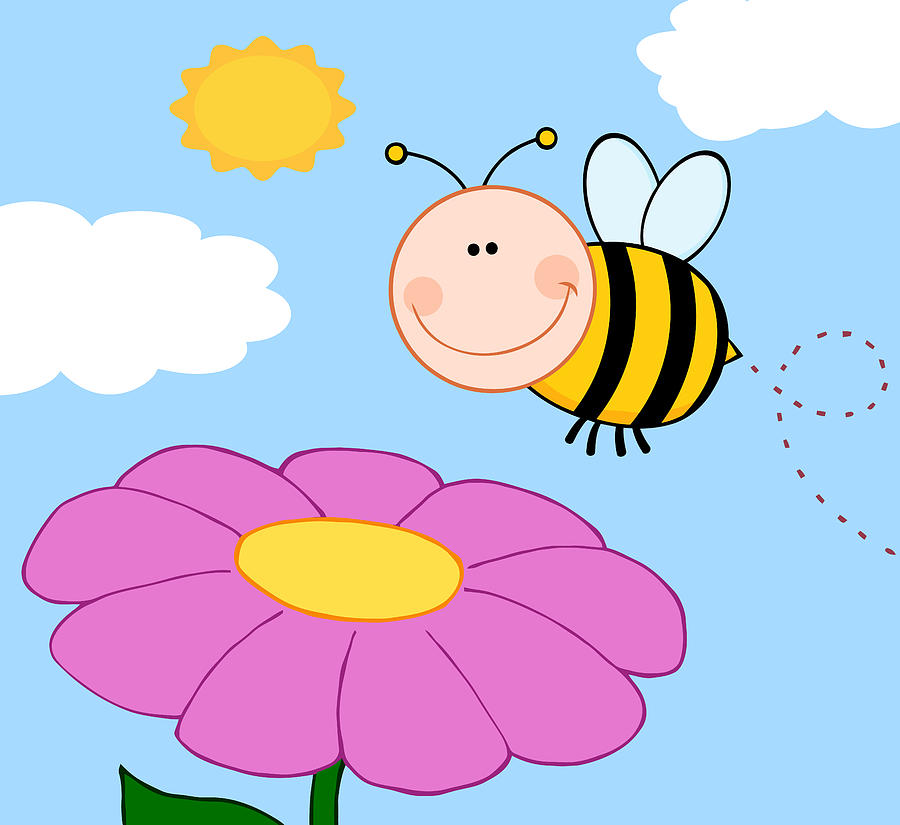 Smiling Bumble Bee Flying Over Flower Drawing by Chud