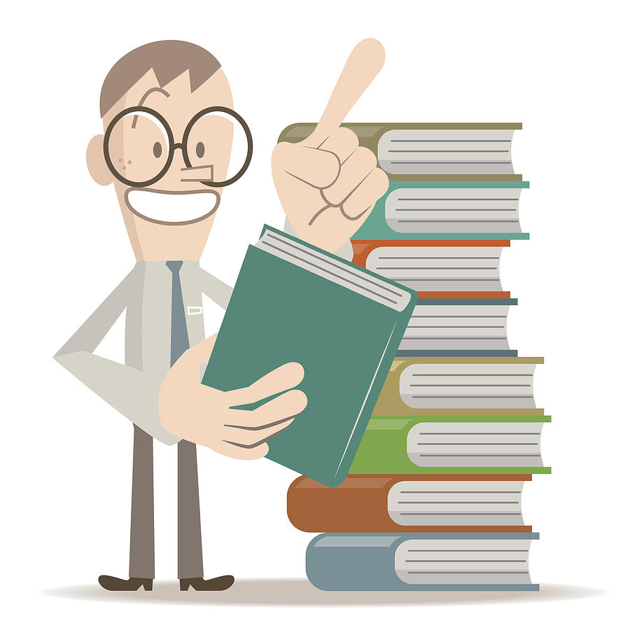 Smiling business man with glasses is taking a book, standing by a stack of books, talking and pointing at upward by index finger Drawing by Alashi
