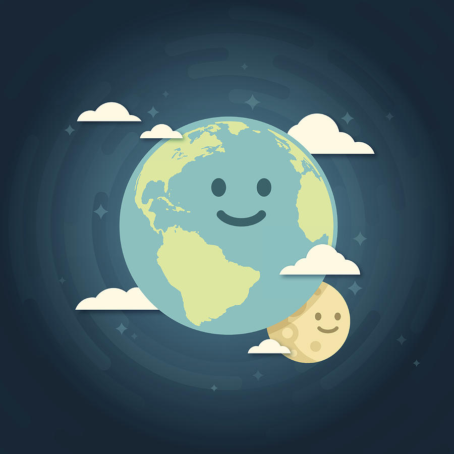 Smiling Earth and Moon Drawing by Filo