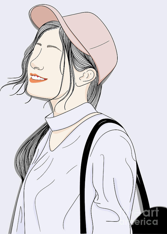 Smiling Girl On Vacation - Line Art Graphic Illustration Artwork Digital Art by Sambel Pedes