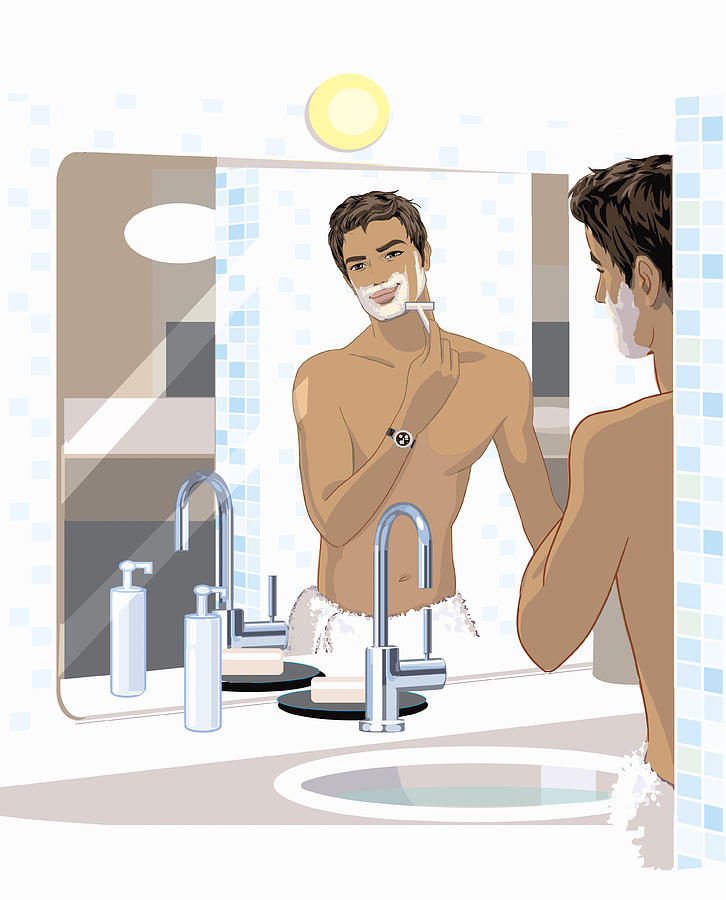 Smiling Man Looking Into His Bathroom Mirror and Shaving Himself Drawing by Mike Wall