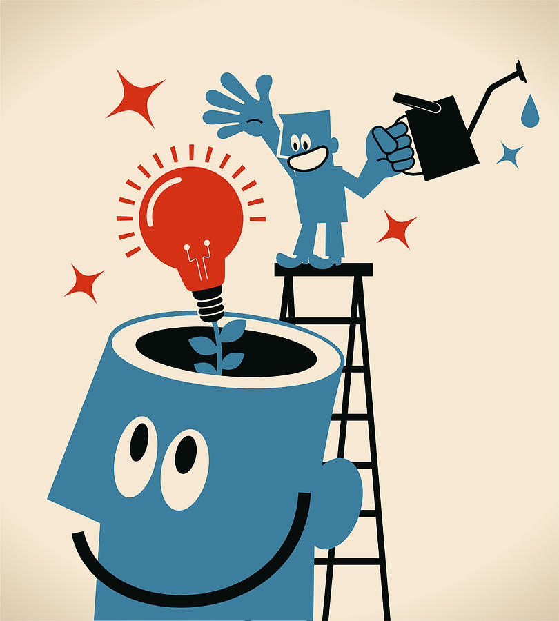Smiling man on top of ladder watering an idea light bulb growing from giant man open head Drawing by Alashi