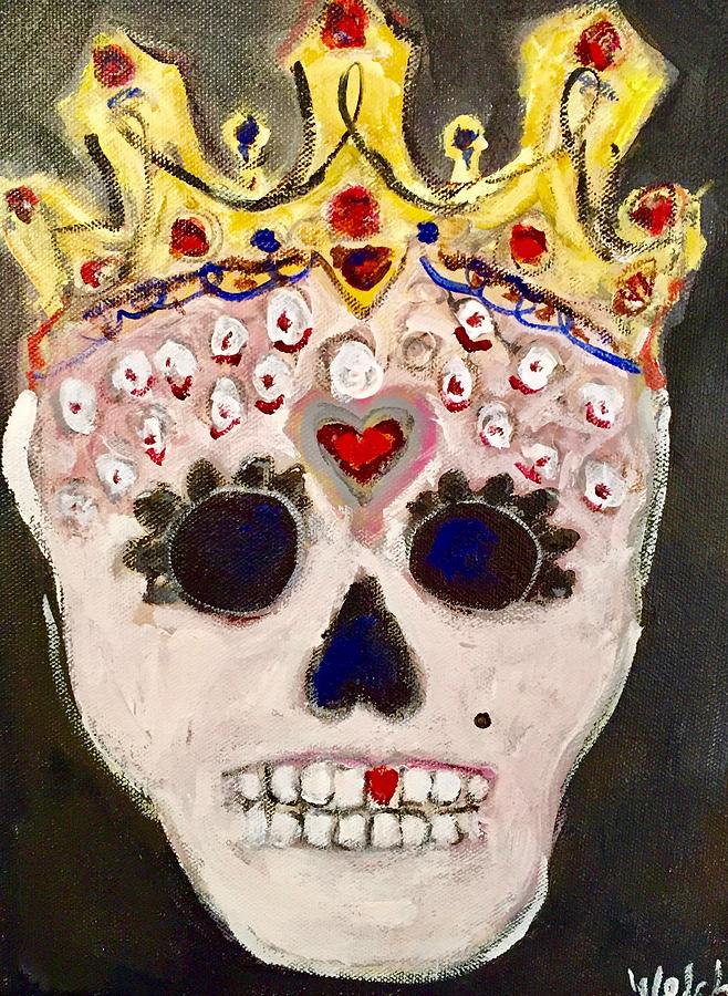 Skull Painting - Smiling Skull with Heart by Sandy Welch
