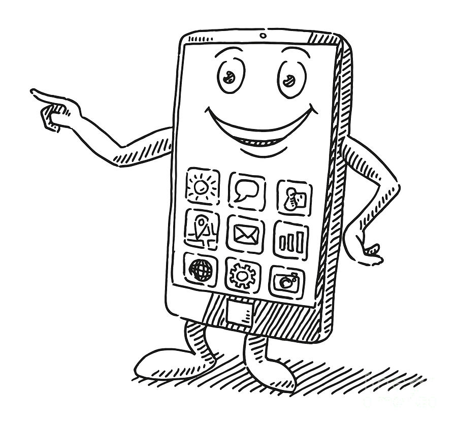 Smiling Smart Phone Cartoon Figure Drawing Drawing by Frank Ramspott