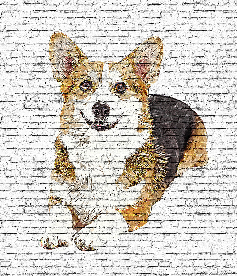 Smiling Welsh Corgi Dog - Brick Block Background Painting by Custom Pet Portrait Art Studio