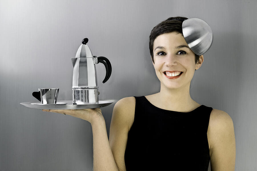Smiling Woman Holding Metallic Coffee-Maker and Cups on Tray Photograph by Orbon Alija