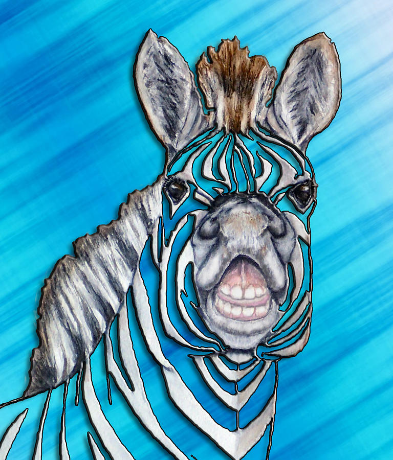 Smiling Zebra in Blue Mixed Media by Kelly Mills