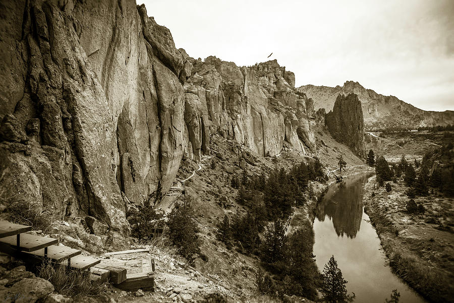 Beautiful Smith Rock Oregon Canyon Walls And River Reflection In Monochrome Photograph by Jason McPheeters