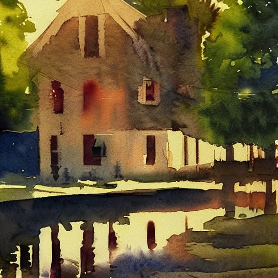 Smiths Store Rear on the Morris Canal at Waterloo Village, Golden Hour Painting by Christopher Lotito