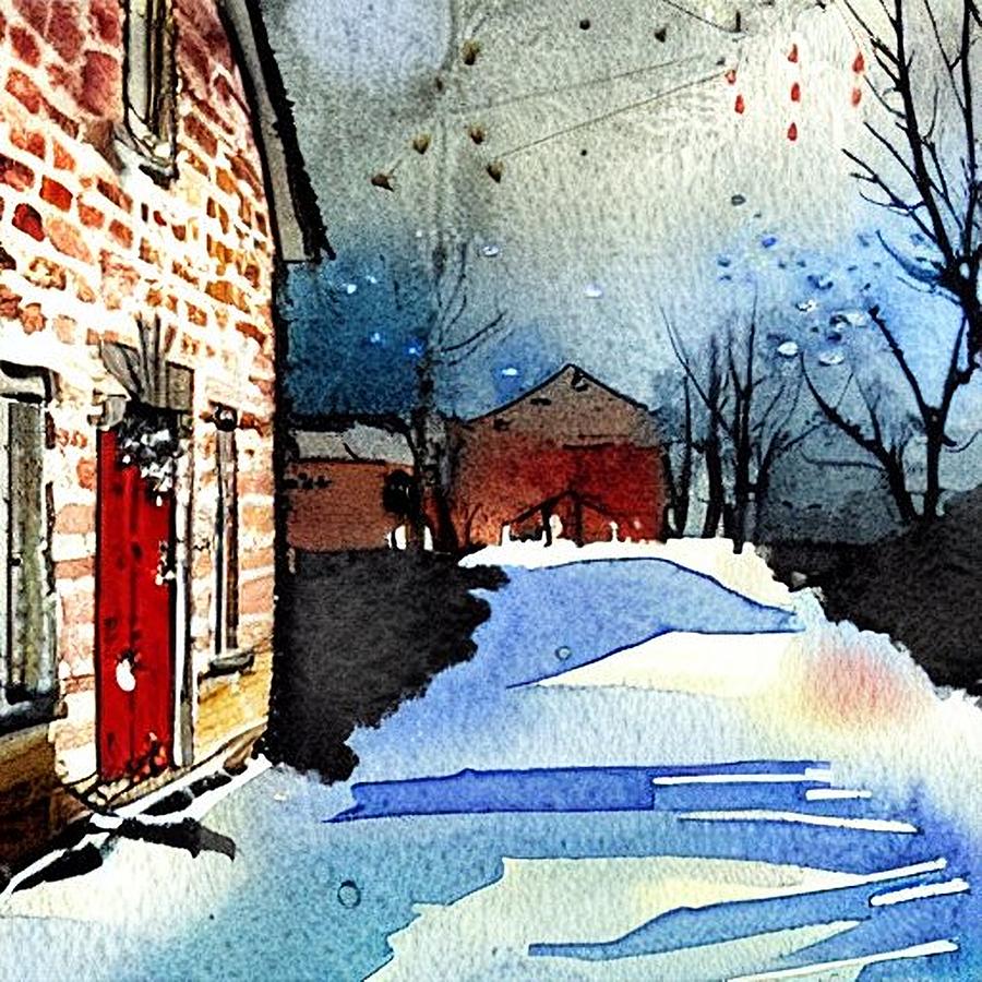 Smiths Store Waterloo Village, Morris Canal, In Winter Painting by Christopher Lotito