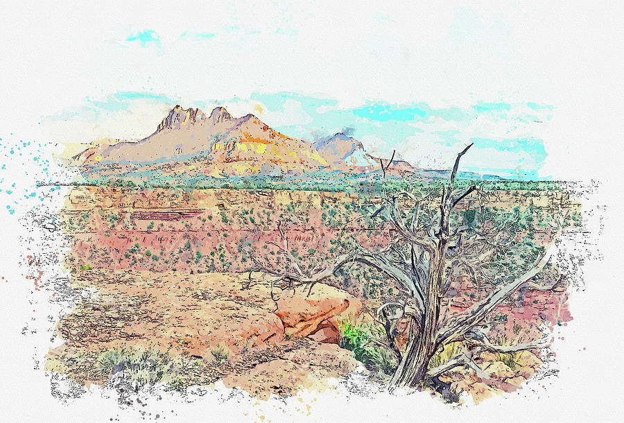 Smithsonian Butte Zion National Park Utah in watercolor ca by Ahmet Asar Painting by Celestial Images