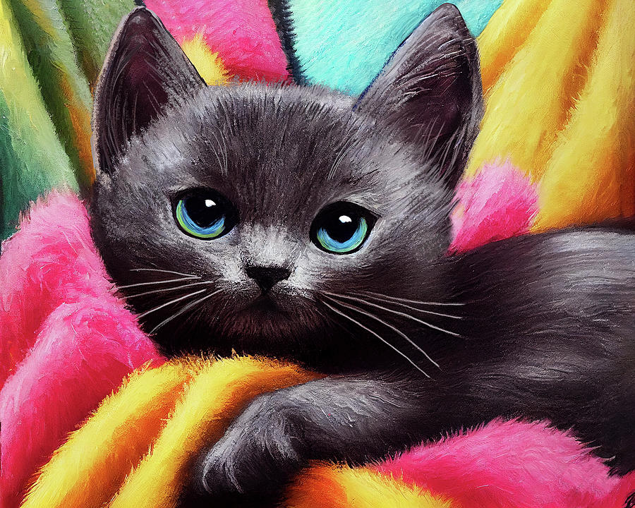 Smoke Gray Kitten on a Colorful Blanket Digital Art by Mark Tisdale
