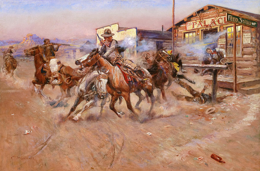 Rampage Movie Painting - Smoke of a. 45, American Old West by Charles Marion Russell