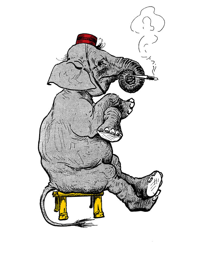 Black And White Digital Art - Smoking elephant cartoon by Madame Memento