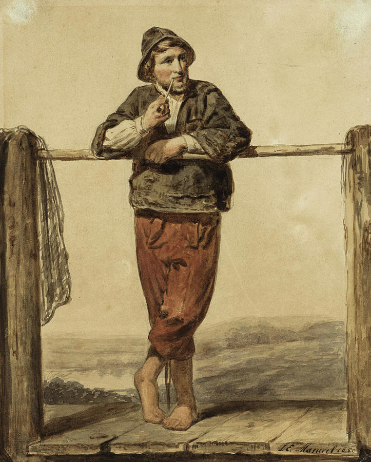 Smoking, standing man with, from the front. Painting by Johannes Engel Masurel