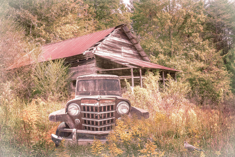 Smoky Mountain Barn  and Jeep in Farmhouse Autumn  Photograph by Debra and Dave Vanderlaan
