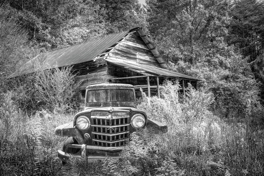 Smoky Mountain Barn  and Jeep in the Autumn Black and White Photograph by Debra and Dave Vanderlaan
