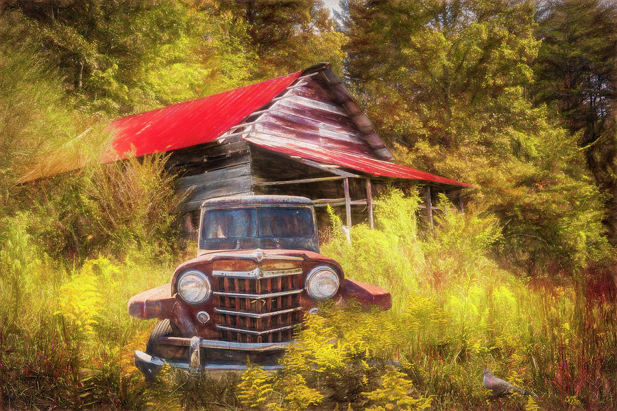 Smoky Mountain Barn  and Jeep in the Autumn  Painting Photograph by Debra and Dave Vanderlaan