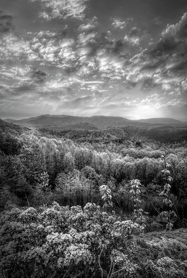 Smoky Mountains Blue Ridge Overlook at Sunset Black and White Photograph by Debra and Dave Vanderlaan