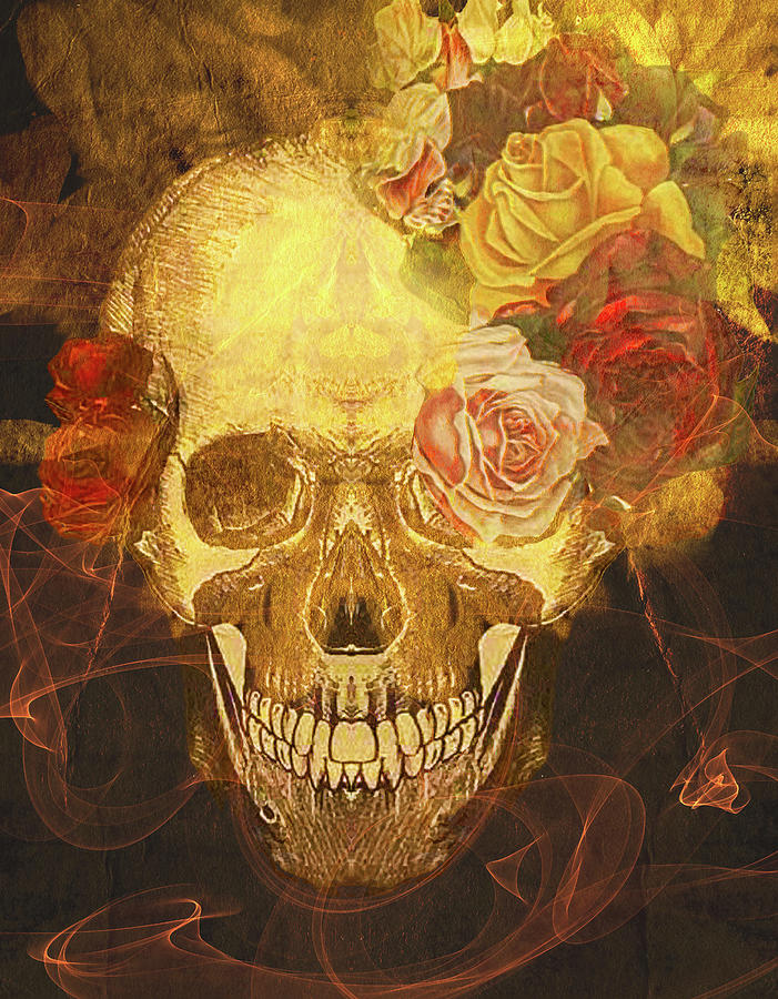 Smoldering Vintage Skull with Roses Mixed Media by Pheasant Run Gallery