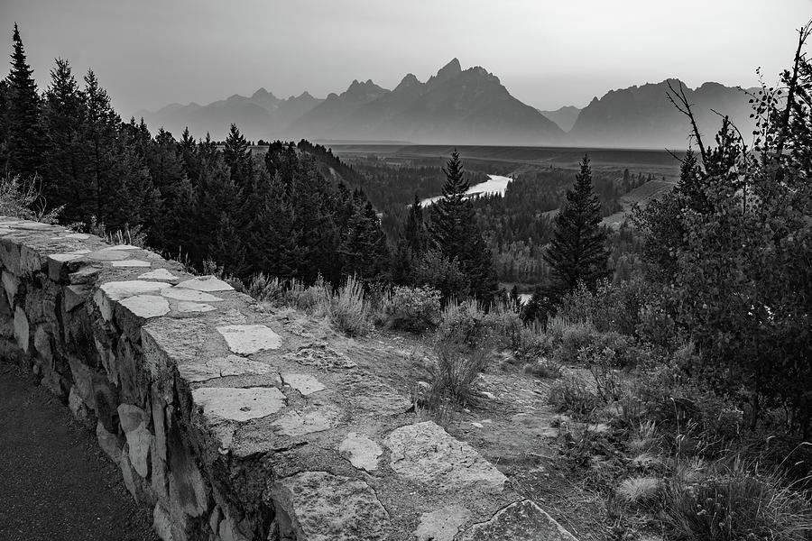 Snake River Overlook Sunset And Grand Teton Mountains In Black And White Photograph by Gregory Ballos