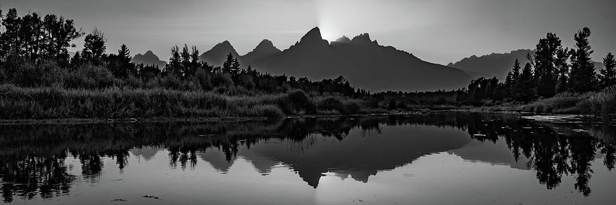 Snake River Reflections Of Grand Tetons At Sunset Panorama - Black And White Photograph