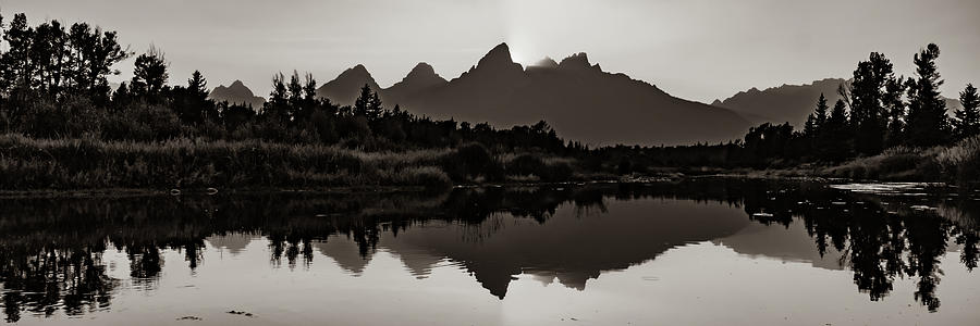 Snake River Reflections Of Grand Tetons At Sunset Panorama In Sepia Photograph