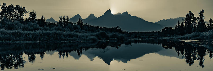 Snake River Reflections Of Grand Tetons At Sunset Panorama - Sepia Edition Photograph by Gregory Ballos