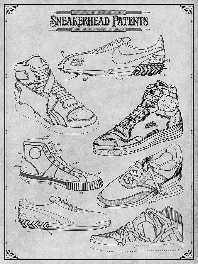 Sneakerhead Patents Gray Print Drawing by Greg Edwards - Fine Art America