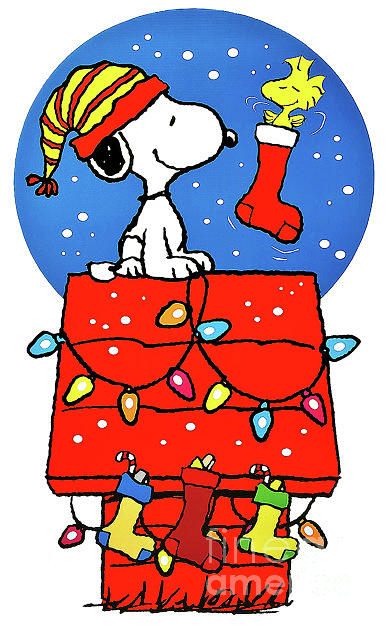 Snoopy and Woodstock Peanuts Christmas Drawing by Edward J Burrell