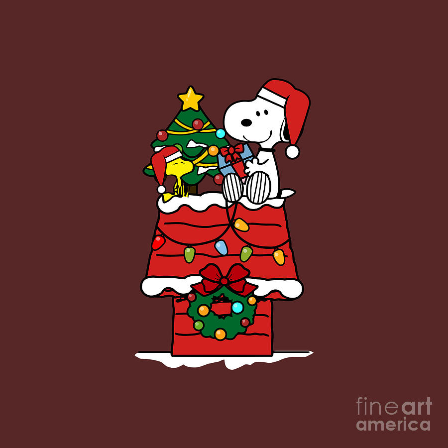 Snoopy Celebrate Christmas with Woodstock Drawing by Paulin Yuliana