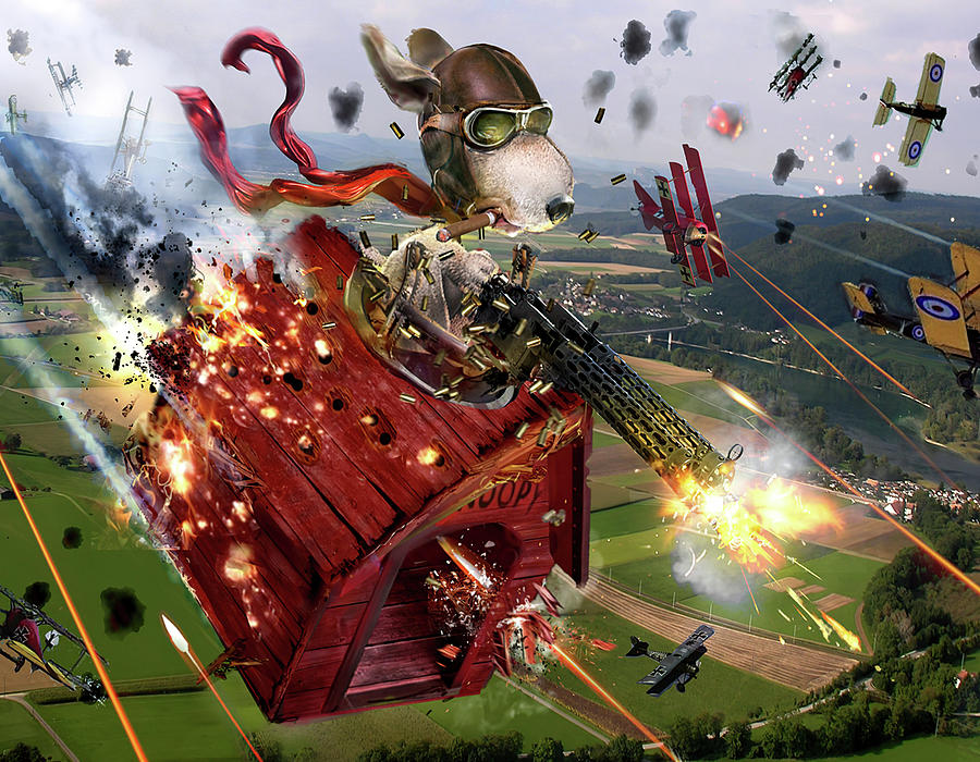 Wildlife Digital Art - Snoopy Fighter Pilots Red Fighting Plan Dog House Canvas Poster by Julien