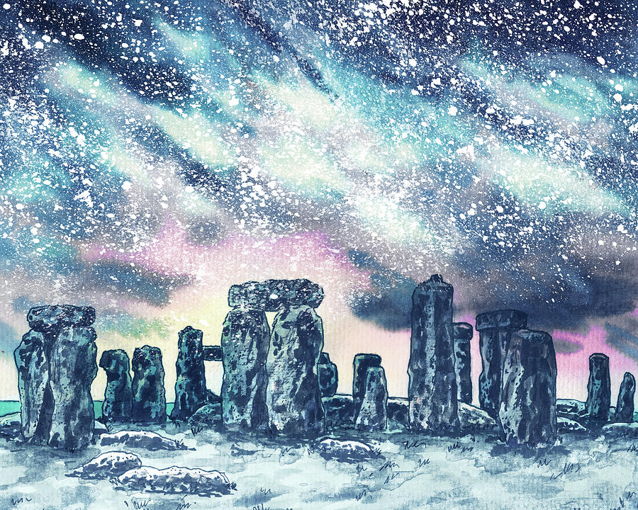 Snow At Sunset Stonehenge England Watercolor Painting by Irina Sztukowski