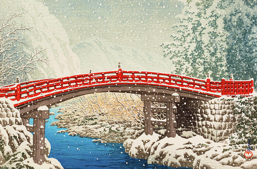 Winter Painting - Snow at the Sacred Bridge in Nikko by Kawase Hasui
