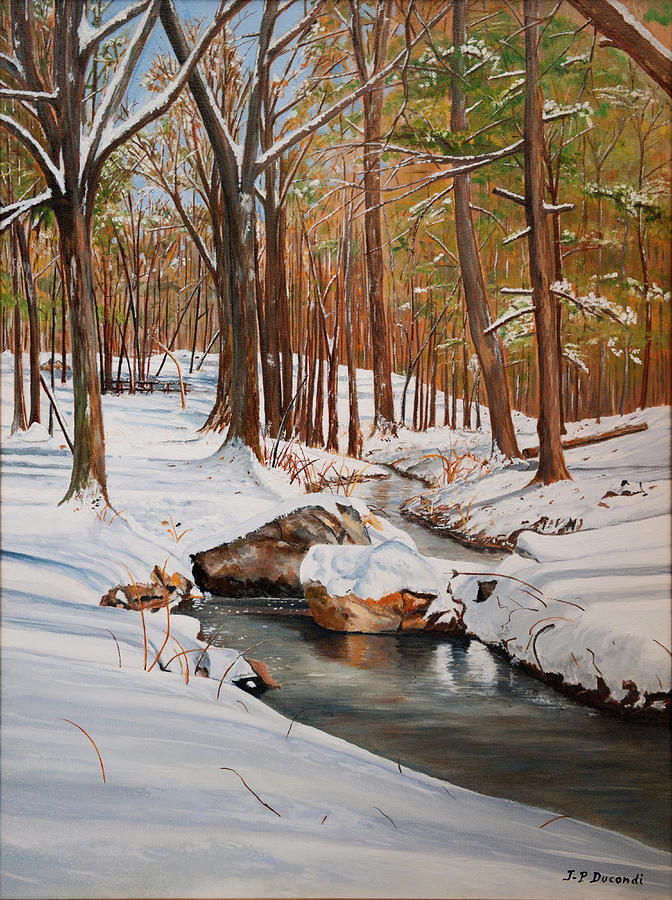 Snow at the Sudbury Gristmill Park - Oil on Canvas Painting by Jean-Pierre Ducondi
