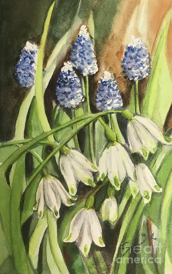 Snow bells and blue bells Painting by Sonia Mocnik