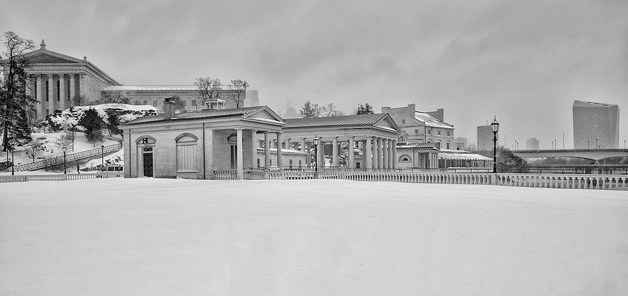 Snow Blanket  on Fairmount Waterworks in Black and White Photograph by Bill Cannon