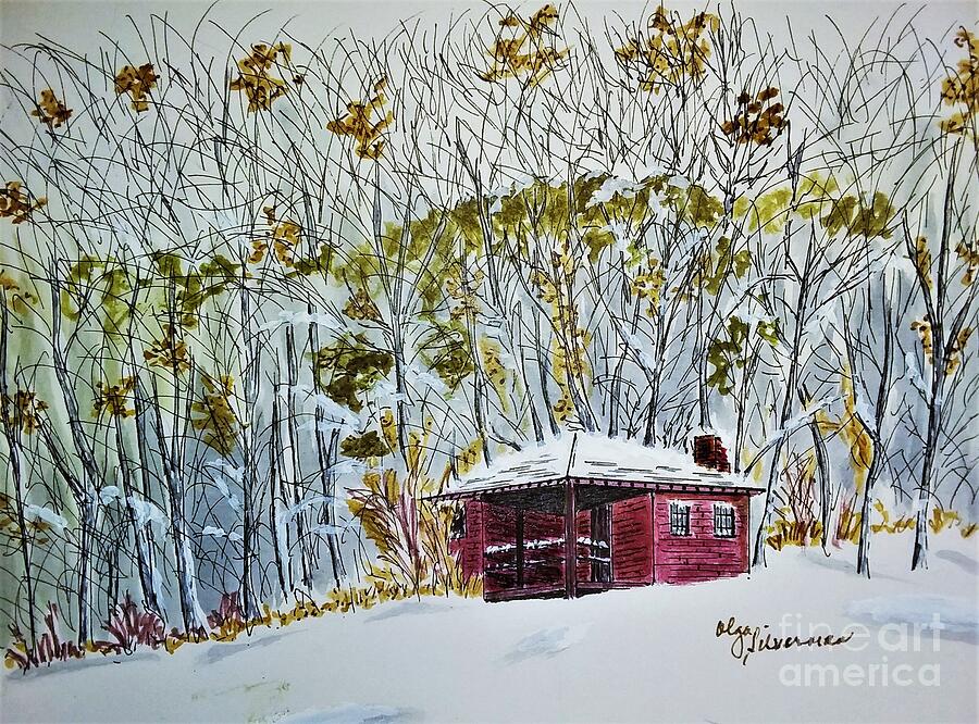 Snow Cabin Drawing by Olga Silverman