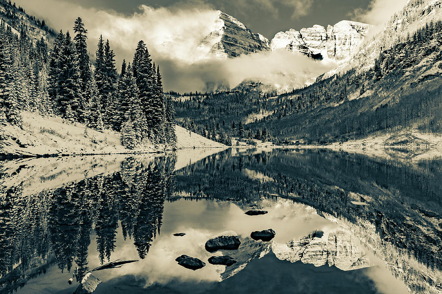Maroon Bells Photograph - Snow Capped Peak Reflections of Aspens Maroon Bells in Sepia Monochrome by Gregory Ballos